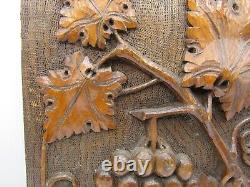 Antique 1895 carved wood panel deep relief grape leaves/vines/grapes 10.5x12