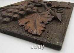 Antique 1895 carved wood panel deep relief grape leaves/vines/grapes 10.5x12