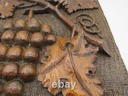 Antique 1895 carved wood panel deep relief grape leaves/vines/grapes 10.5x12