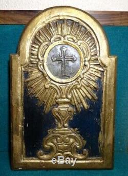 Antique 18th Century GILDED CARVED WOOD PANEL with HOLY MONSTRANCE 252x392mm