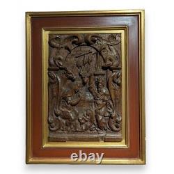 Antique 18th French Nativity Carved Wood Panel