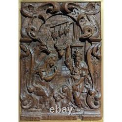 Antique 18th French Nativity Carved Wood Panel