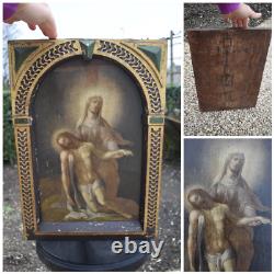 Antique 18thc italian oil panel pieta painting Frame wood carved religious rare