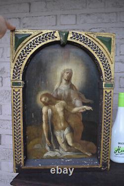 Antique 18thc italian oil panel pieta painting Frame wood carved religious rare