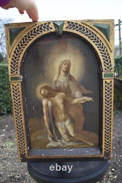 Antique 18thc italian oil panel pieta painting Frame wood carved religious rare