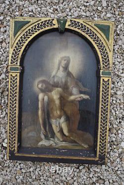 Antique 18thc italian oil panel pieta painting Frame wood carved religious rare