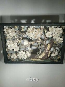 Antique 1900's Hand Carved 3D Wood Panel of birds in dogwood. Patina, beautiful