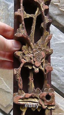Antique 19c Chinese Wood Carved Temple Architectural Element Panel With Flowers