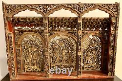 Antique 19th Cent Chinese Hand Carved Wood Temple Wall Panel Plaque Gold Gilt 3D