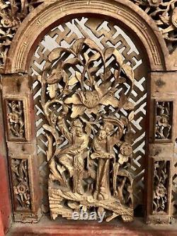 Antique 19th Cent Chinese Hand Carved Wood Temple Wall Panel Plaque Gold Gilt 3D