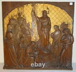 Antique 19th Century Carved Wood Oak Panel Religious Figures Great Detail
