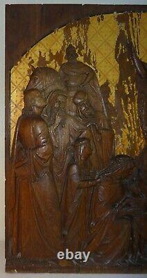 Antique 19th Century Carved Wood Oak Panel Religious Figures Great Detail