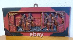 Antique 19th Century Chinese Carved Wood 3D Figural Gold Gilt Red & Black Panel