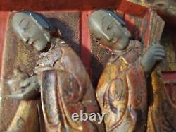 Antique 19th Century Chinese Carved Wood 3D Figural Gold Gilt Red & Black Panel