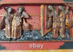 Antique 19th Century Chinese Carved Wood 3D Figural Gold Gilt Red & Black Panel