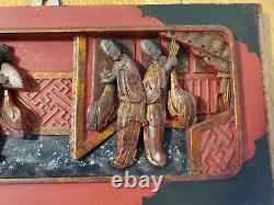 Antique 19th Century Chinese Carved Wood 3D Figural Gold Gilt Red & Black Panel