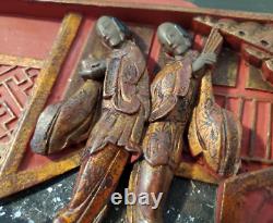 Antique 19th Century Chinese Carved Wood 3D Figural Gold Gilt Red & Black Panel