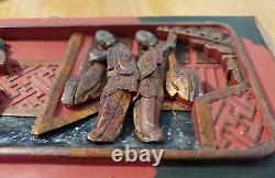 Antique 19th Century Chinese Carved Wood 3D Figural Gold Gilt Red & Black Panel