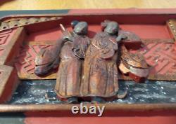 Antique 19th Century Chinese Carved Wood 3D Figural Gold Gilt Red & Black Panel