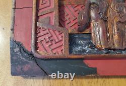 Antique 19th Century Chinese Carved Wood 3D Figural Gold Gilt Red & Black Panel