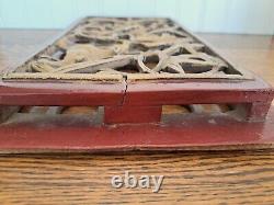 Antique 19th Century Chinese Gilt Red Hand Carved Wood Panel 8x14 READ