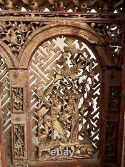 Antique 19th Century Chinese Hand Carved Gold Gilt Wood Temple Panel-DISCOUNT