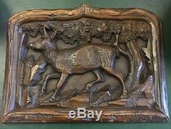 Antique 19th Century Deeply Carved Rare Black Forest Oak Plaque Panel
