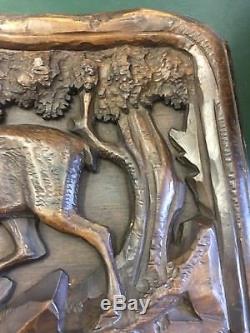 Antique 19th Century Deeply Carved Rare Black Forest Oak Plaque Panel