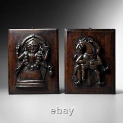 Antique 19th c pair Indian carved wood panels Goddess Kali Lord Hayagriva