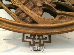 Antique 19thC Chinese Carved 3D Wood Panel Gilt Family Scene Brass Hangers EAC