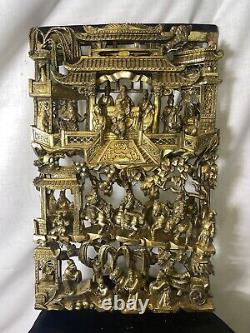 Antique 25.5 Chinese Carved Deep Relief Gilt Wood Warriors Scenes Panel