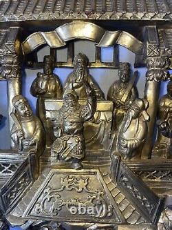 Antique 25.5 Chinese Carved Deep Relief Gilt Wood Warriors Scenes Panel