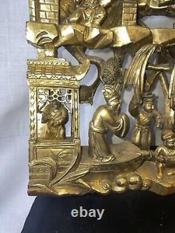 Antique 25.5 Chinese Carved Deep Relief Gilt Wood Warriors Scenes Panel