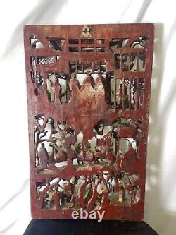 Antique 25.5 Chinese Carved Deep Relief Gilt Wood Warriors Scenes Panel