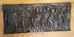 Antique African Relief Hand Carved Wood Panel 11X25 SEE DESCRIPTION