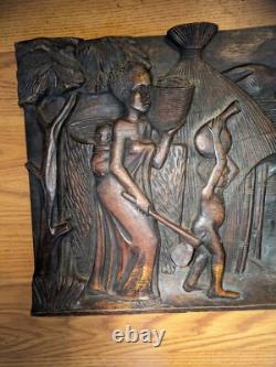 Antique African Relief Hand Carved Wood Panel 11X25 SEE DESCRIPTION
