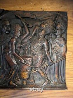 Antique African Relief Hand Carved Wood Panel 11X25 SEE DESCRIPTION