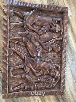Antique African Wood Carved Tribal Relief Wood Panel Wall Art Story Board Plaque