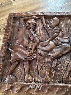 Antique African Wood Carved Tribal Relief Wood Panel Wall Art Story Board Plaque