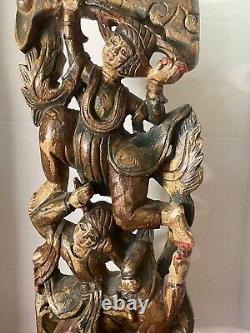Antique Asian 18 inch Carved Teak Wood Sculpture Panel 2 Sword Dancers on Base