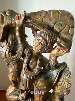 Antique Asian 18 inch Carved Teak Wood Sculpture Panel 2 Sword Dancers on Base