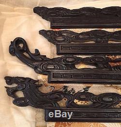 Antique Asian Carved Ebony Dragon Tapestry Textile Hanger Set with 2 Silk Panels