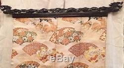 Antique Asian Carved Ebony Dragon Tapestry Textile Hanger Set with 2 Silk Panels