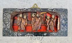 Antique Asian Carved Relief Wall Plaque Shell Inlay Temple