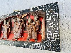 Antique Asian Carved Relief Wall Plaque Shell Inlay Temple