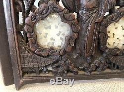 Antique Asian Chinese Carved Wood & Jade Medallion Plaque Folding Screen Panel
