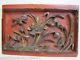 Antique Asian Hand Carved Panel Red Gold Paint Flowers Bird Wall Architectural