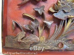 Antique Asian Hand Carved Panel red gold paint flowers bird wall architectural