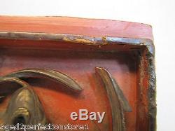 Antique Asian Hand Carved Panel red gold paint flowers bird wall architectural