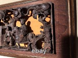 Antique Asian Hand Carved Wood Action Scene Horizontal Panel